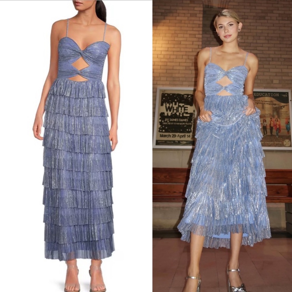 NWT Gianni Bini Grace Metallic Plisse Sweetheart Neck Cut-Out Tiered Dress Sz 8 - Picture 2 of 3